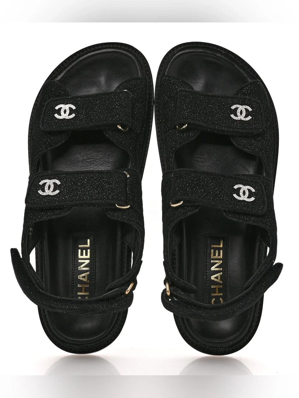 CHANEL Suede Kidskin Glitter Crystal Velcro Dad Sandals 39 Black Silver